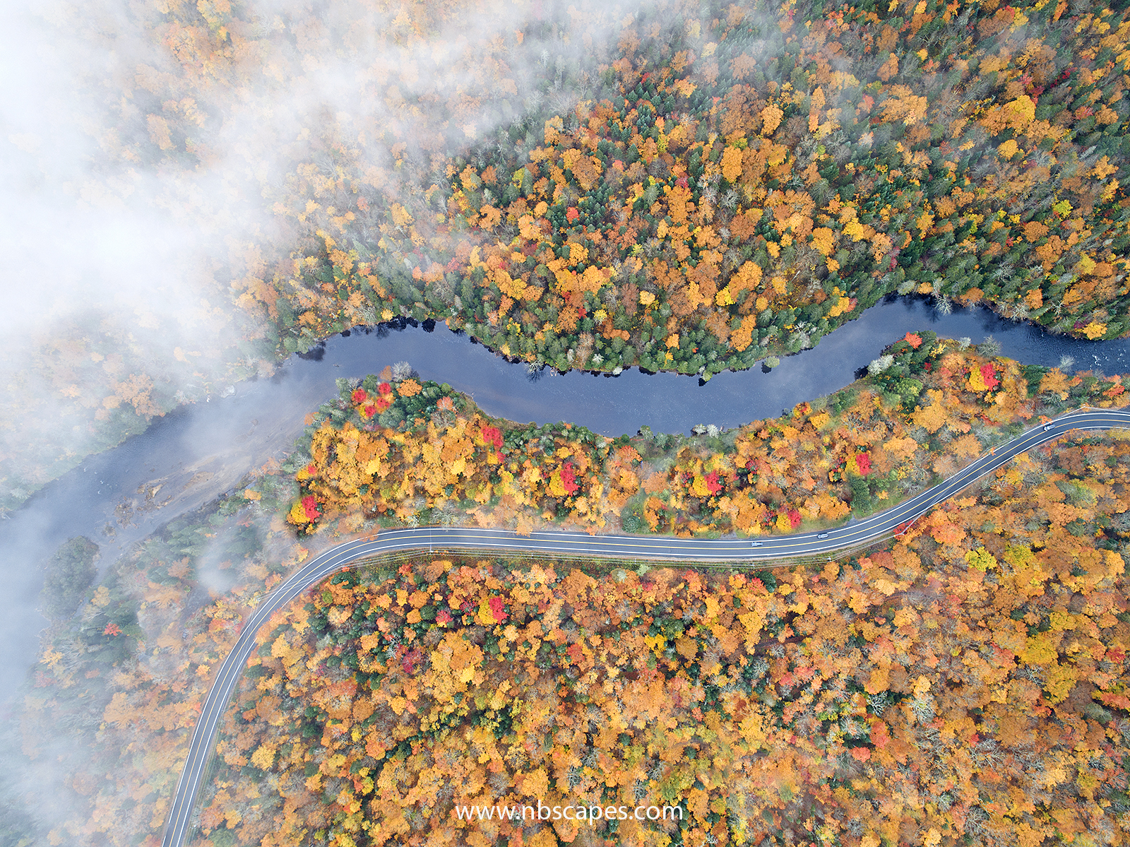 Aerial View of Quebec River in Fall